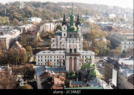 aerial view of carmelite church, korniakt tower and houses in historical center lviv, ukraine Stock Photo