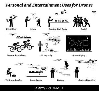 Drone usage and applications for personal and entertainment. Vector icons of drones uses on leisure, social, sports event, photography, record footage Stock Vector