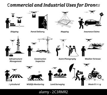 Drone usage and applications for commercial and industrial work. Vector icons of drones uses on shipping, delivery, mapping, infrastructure, construct Stock Vector