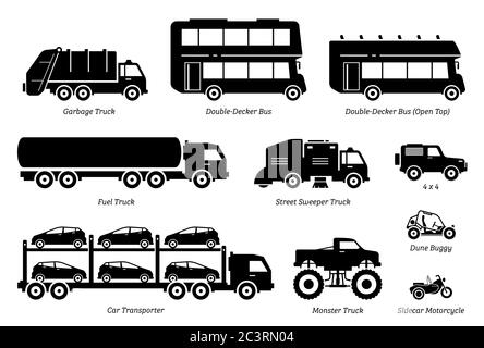 List of special purpose vehicles icon set. Side view artwork of garbage truck, double decker bus, fuel truck, street sweeper, 4wd, car transporter, mo Stock Vector