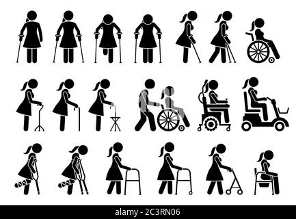 Mobility aids medical tools and equipment stick figure pictogram icons ...