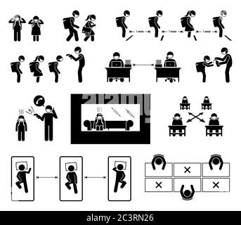 School reopen SOP standard operating procedures for Coronavirus Covid-19 illustrations. Vector icons of SOP guidance and guidelines for school, studen Stock Vector