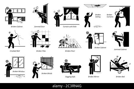 House defects issues and structural problems stick figure pictogram icons. Vector illustrations of a person unhappy and angry about home defects, spoi Stock Vector