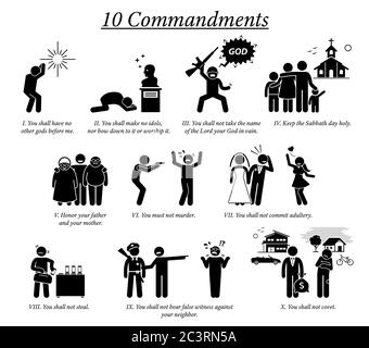 The 10 Commandment icons and pictogram. Illustration depict Ten Commandments teaching, beliefs, and moral value by Christian God religion. Stock Vector