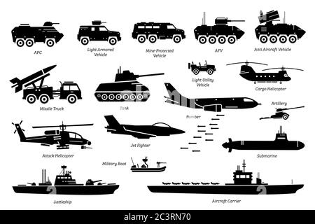 Military combat vehicles, transportation, and machine icon set. Artwork depicts army armored vehicle, tank, missile truck, bomber, attack helicopter, Stock Vector