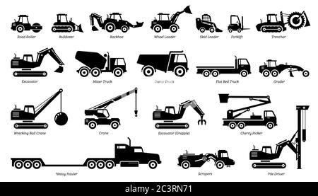 List of construction vehicles, tractors, and heavy machinery icons. Sideview artwork of construction and industrial vehicles, road roller, bulldozer, Stock Vector