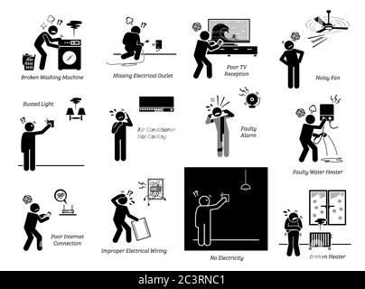 Electrical home appliances problems at house stick figure pictogram icons. Vector illustrations depict broken, defective, spoil, problematic, and issu Stock Vector