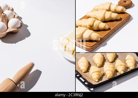 collage of raw croissants on baking tray and cutting board near ingredients on white background Stock Photo