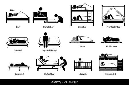 People sleeping on different type of bed. Vector illustration of person sleep on trundle, bunk, four poster, sofa, futon, air mattress and medical bed Stock Vector