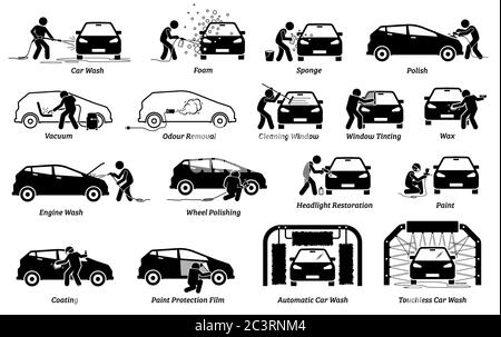 Professional auto car detailer icons set. Vector illustrations of auto car detailing services of car wash, polishing, cleaning, waxing, repainting, ce Stock Vector