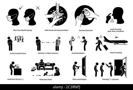 Virus outbreak risks, prevention, preparedness tips actions to do and do not. Illustrations of person wearing mask correct and incorrectly. Washing ha Stock Vector