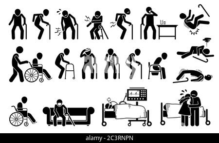 Injured old man with body ache and joint pain. Vector illustrations of elderly men with injury using wheelchair, bandage plaster cast for broken bone. Stock Vector