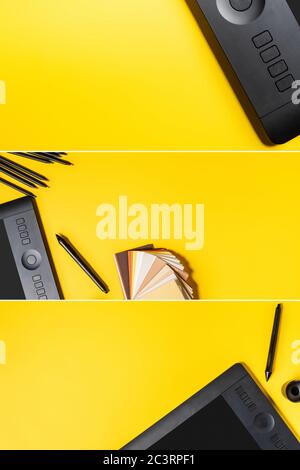 collage of drawing tablets and styluses near color pencils and palette with samples on yellow Stock Photo