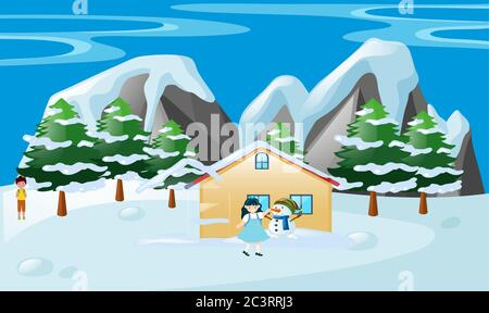 kids are playing with snowman near mountains Stock Vector