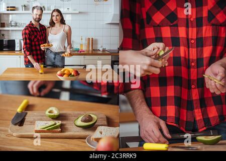 collage of happy young couple preparing breakfast with fresh fruits together Stock Photo
