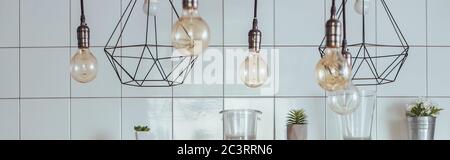 panoramic concept of light bulbs near decorative elements, potted plants and jars in modern kitchen Stock Photo