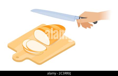Flat isometric illustration of cutting board, a loaf of bread, kitchen knife. Sliced pieces of bread on a wooden board, hand with bread knife cuts a l Stock Vector