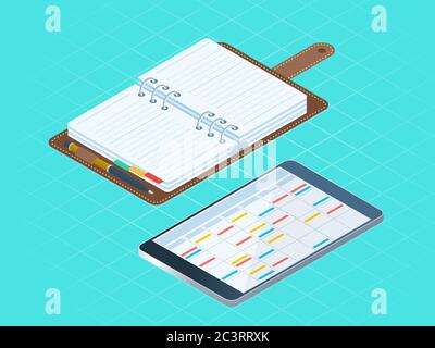 Flat isometric illustration paper and electronic planners. Left top view of business personal accessory. Office supply vector concept: diary organizer Stock Vector