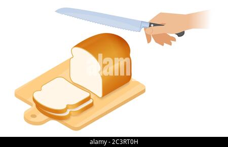 Flat isometric illustration of cutting board, a loaf of white bread, kitchen knife. Sliced pieces of bread on a wooden board, hand with bread knife cu Stock Vector