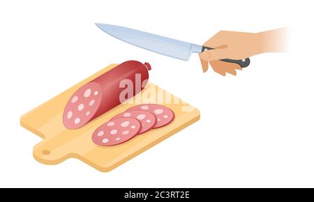 Flat isometric illustration of cutting board, stick of sausage, kitchen knife. Vegetarian salami slices with pieces of fat, wooden board, hand with kn Stock Vector