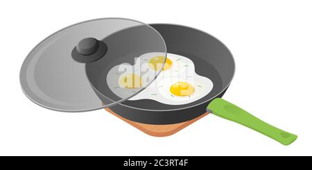Flat isometric illustration of cooking pan with fried scrambled eggs, glass lid. The morning eating of omelette from dripping pan. The breakfast, inge Stock Vector