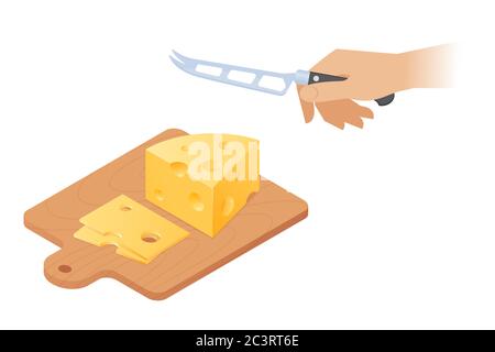 Flat isometric illustration of cutting board, peice of cheese head, kitchen knife. Sliced yellow pieces with holes on a wooden board, hand with cheese Stock Vector
