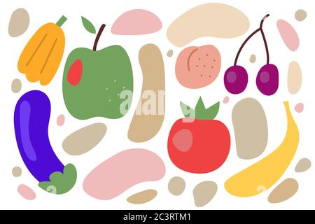 Vegetarian banner, vegan food background, doodles hand drawn fruits and vegetables Stock Vector