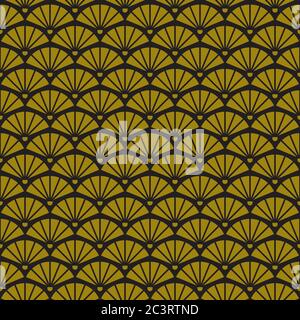 Geometric retro background with gold fans, art deco seamless gold pattern in 1920s style, chinoiserie style. Vector illustration Stock Vector