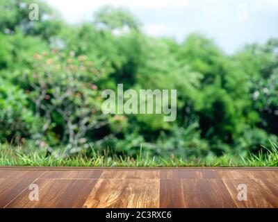 Empty brown wood pattern floor with blurred green spring garden landscape background. Stock Photo