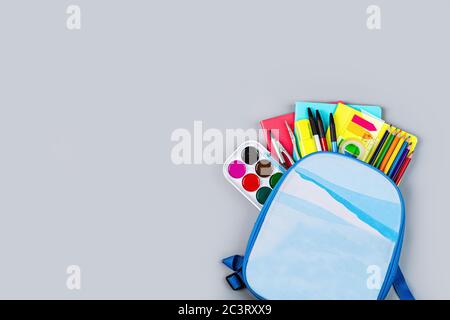 Back to School background with place for text. Collection of school supplies in a bright flat style. Educational concept. Copy space, mockup, overhead Stock Photo