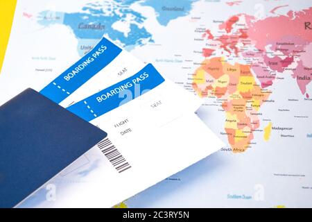 passport, boarding pass over map. travel concept. Stock Photo