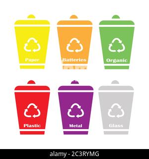 Garbage cans vector flat illustrations. Sorting garbage. Ecology and recycle concept. Stock Vector