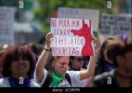 Demonstrations of the International womans day in Colombia take place to protest against feminicides and violence against women in Colombia. Stock Photo