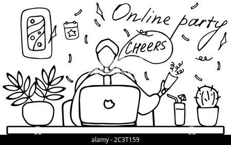 Man talking to friends online. Date on Internet. Online party, family event. Doodle vector illustration Stock Vector