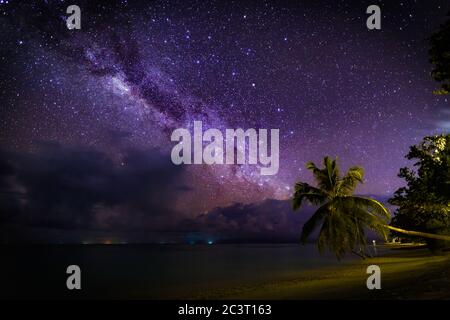 Amazing night photo with milky way, stars and bright galaxy view pattern.  Milky Way over the sandy beach with palm trees Stock Photo