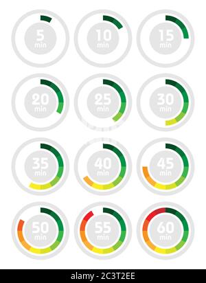 Set of timers. Sign icon. Full rotation arrow timer. Colored flat icons. Flat Design Vector Illustration. Stock Vector