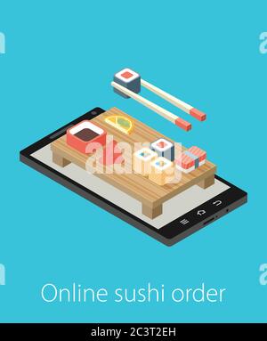 Online sushi order. Flat 3d isometric vector illustration. Stock Vector