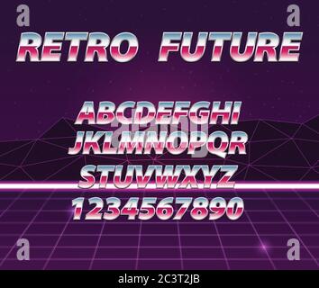 Retro futuristic vector background. Chrome Alphabet in 80s Retro Futurism style. Stock Vector