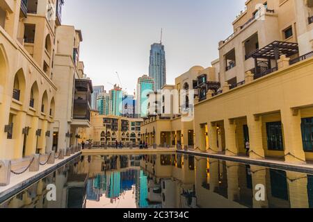 Dubai, United Arab Emirates, January 20th, 2020: Dubai Souk Al Bahar near Burj Khalifa tower Stock Photo