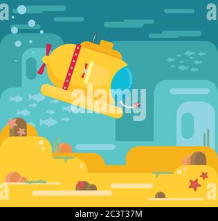 Submarine under water concept vector flat illustration Stock Vector