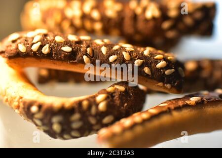 sesame seed-studded chocolate cake with bokeh background and focus selection, available space for text, web banners concepts Stock Photo
