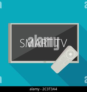 Vector smart tv concept - illustration in flat style with apps and video player on screen and remote control Stock Vector