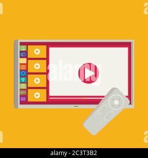 Vector smart tv concept - illustration in flat style with apps and video player on screen and remote control Stock Vector