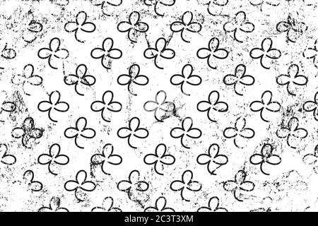 Grunge pattern with line art icons of shamrocks. Horizontal black and white backdrop. Stock Vector