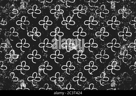 Grunge pattern with line art icons of shamrocks. Horizontal black and white backdrop. Stock Vector