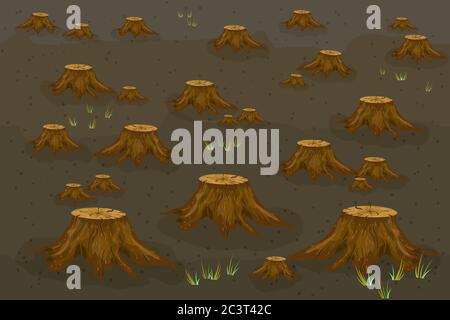 Deforestation with many stump in desert place, nature disaster concept, cutting down trees. Environmental pollution, ecological disaster. Vector Stock Vector
