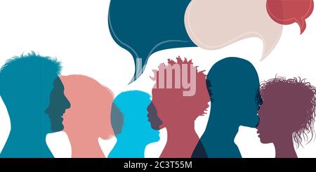 Silhouette heads people in profile.Diversity people.Speech bubble.Talking dialogue and inform.Communicate group of multiethnic people who talk Stock Vector