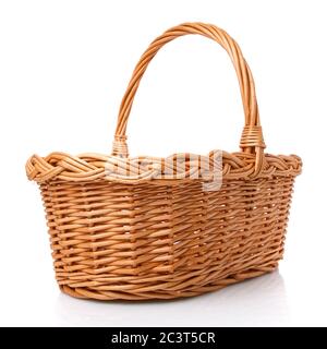 Big square brown wicker basket made of vines on a white background. Stock Photo