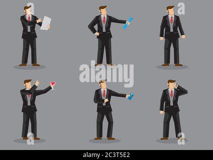 Set of six vector illustrations of cartoon businessman holding different items isolated on grey background. Stock Vector