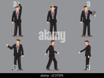 Set of six vector illustrations of cartoon businessman in different gestures isolated on grey background. Stock Vector